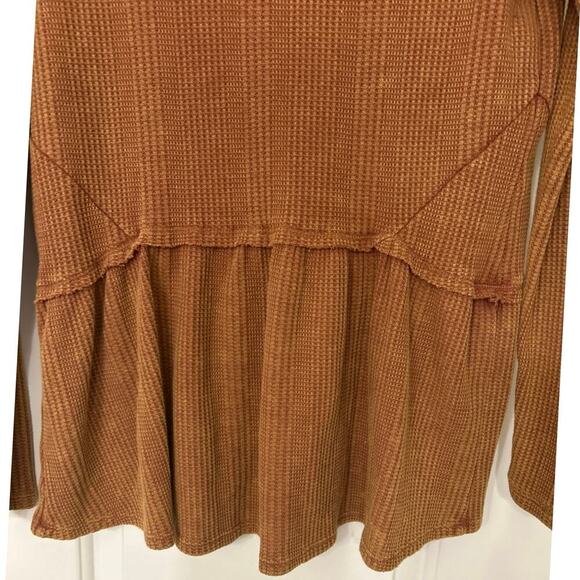 Guilded Intent Buckle Cotton Blend Brown Waffle Knit V Neck Peplum Hem Top New S - Picture 8 of 14